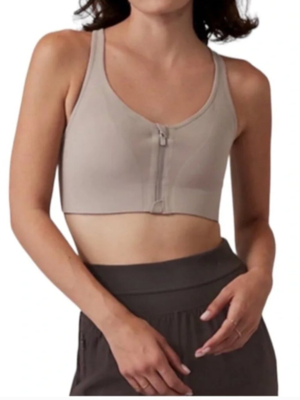 Athleta Empower II Daily Zip Front High Impact Sports Bra Taupe Medium A-C